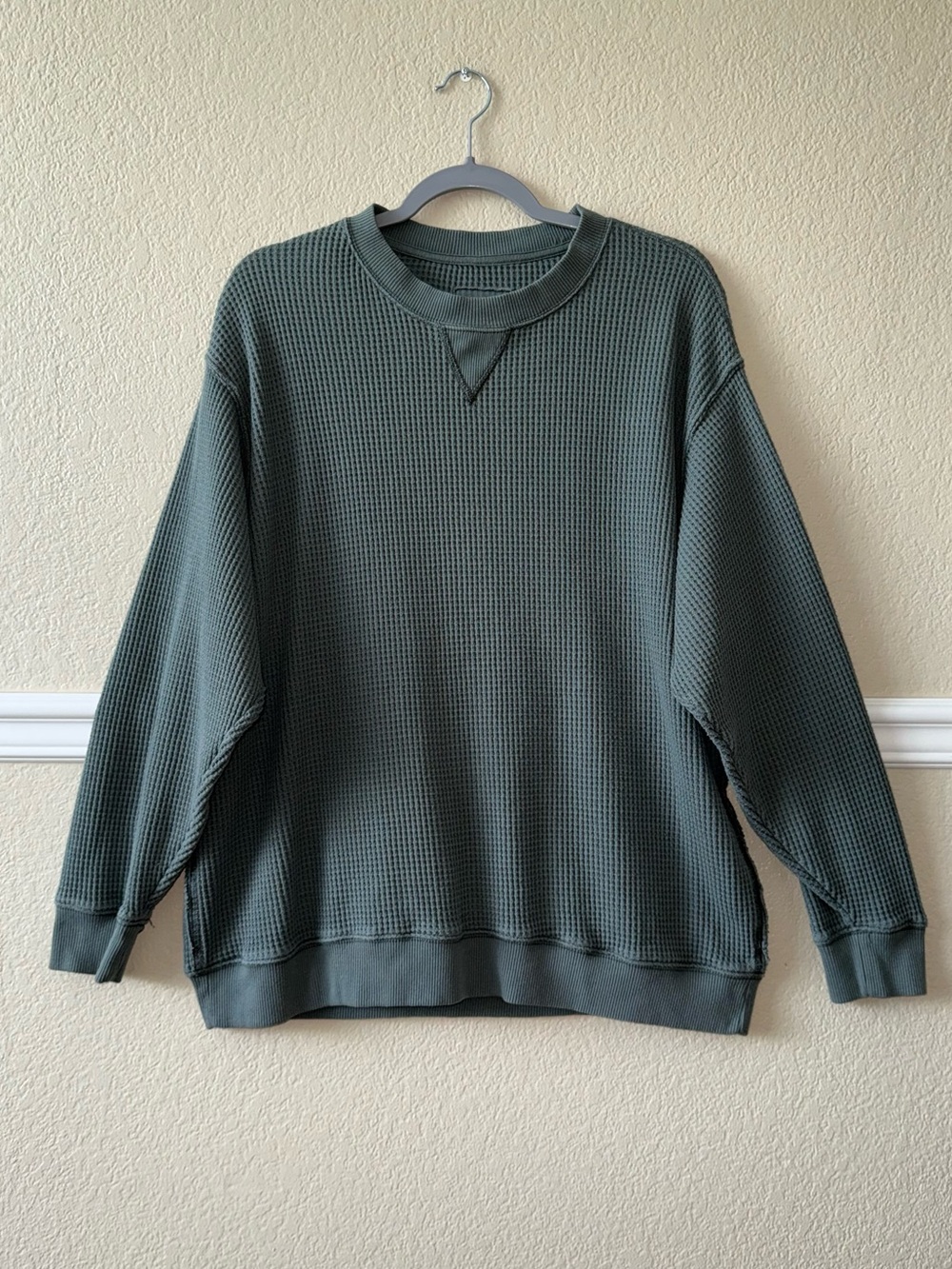 Aerie Cotton Blend Thermal Long Sleeve Top Relaxed Fit Comfy Green Medium